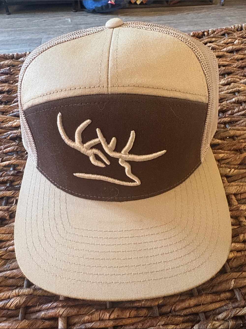 Men's Tan and Brown Trucker Cap with Deer Antler Logo